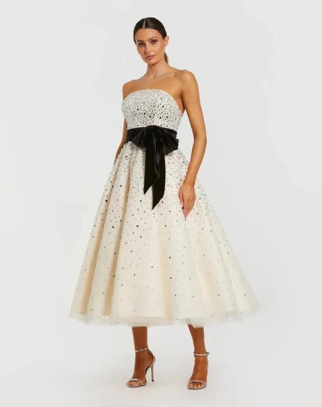 White Embellished Strapless Midi Dress with Velvet Bow sold by Mac Duggal