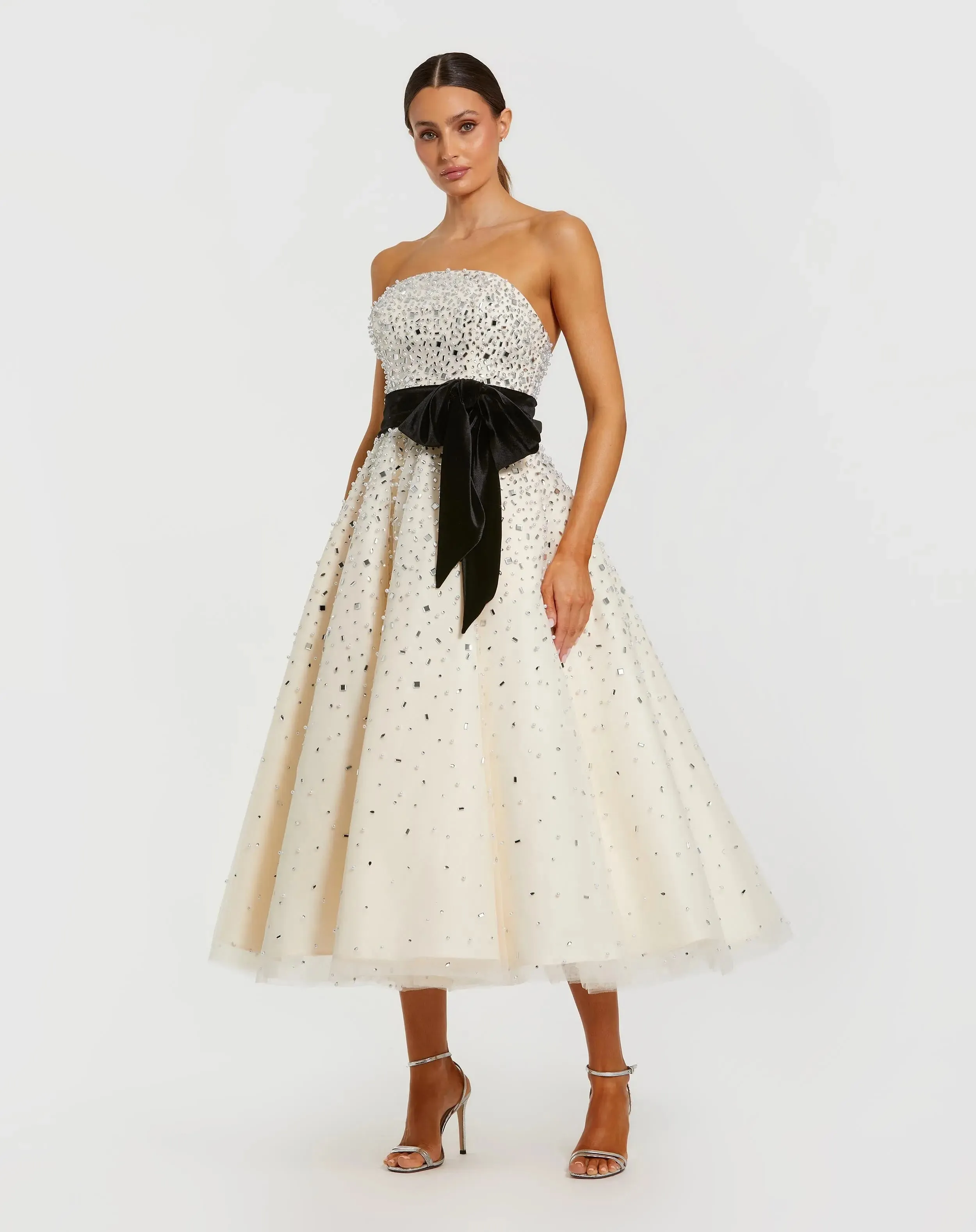 White Embellished Strapless Midi Dress with Velvet Bow sold by Mac Duggal