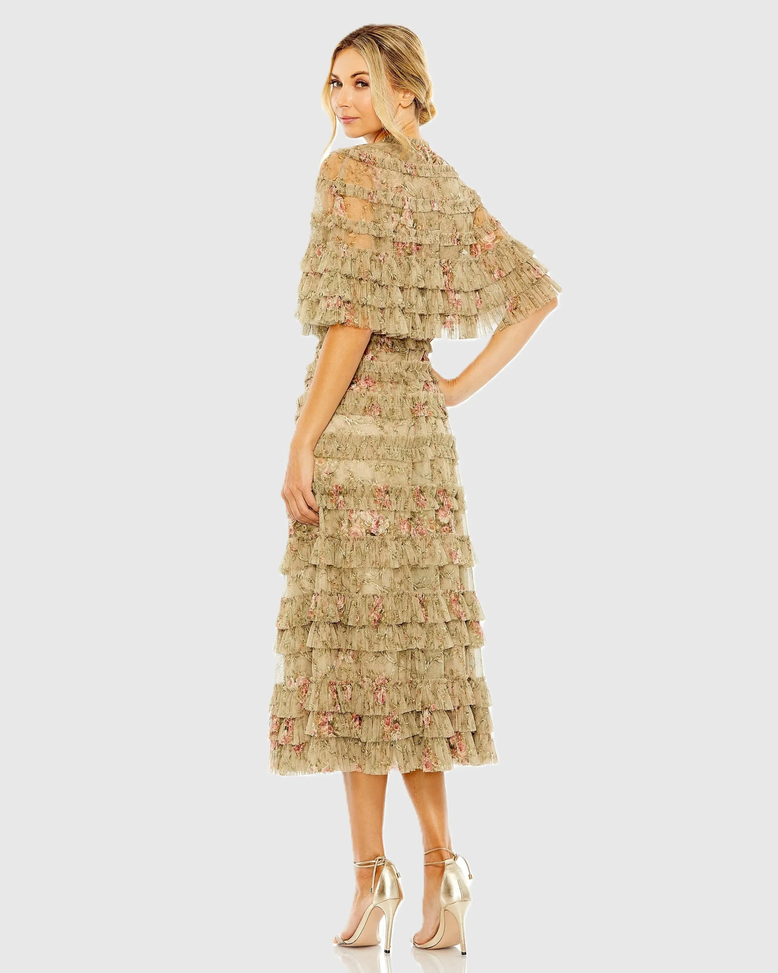 Green Floral Ruffle Midi Dress With Cape sold by Mac Duggal product image thumbnail 3