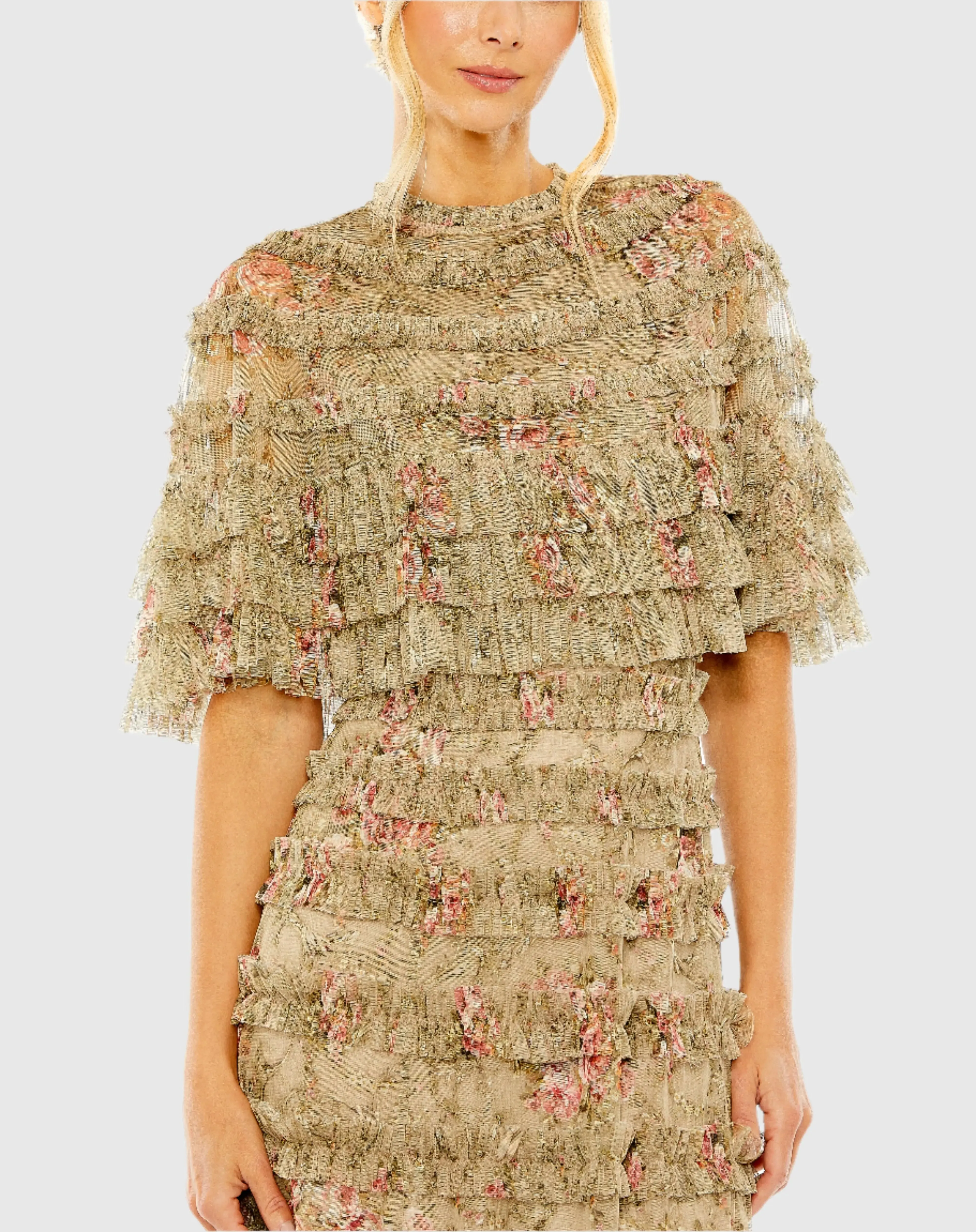 Green Floral Ruffle Midi Dress With Cape sold by Mac Duggal product image thumbnail 2