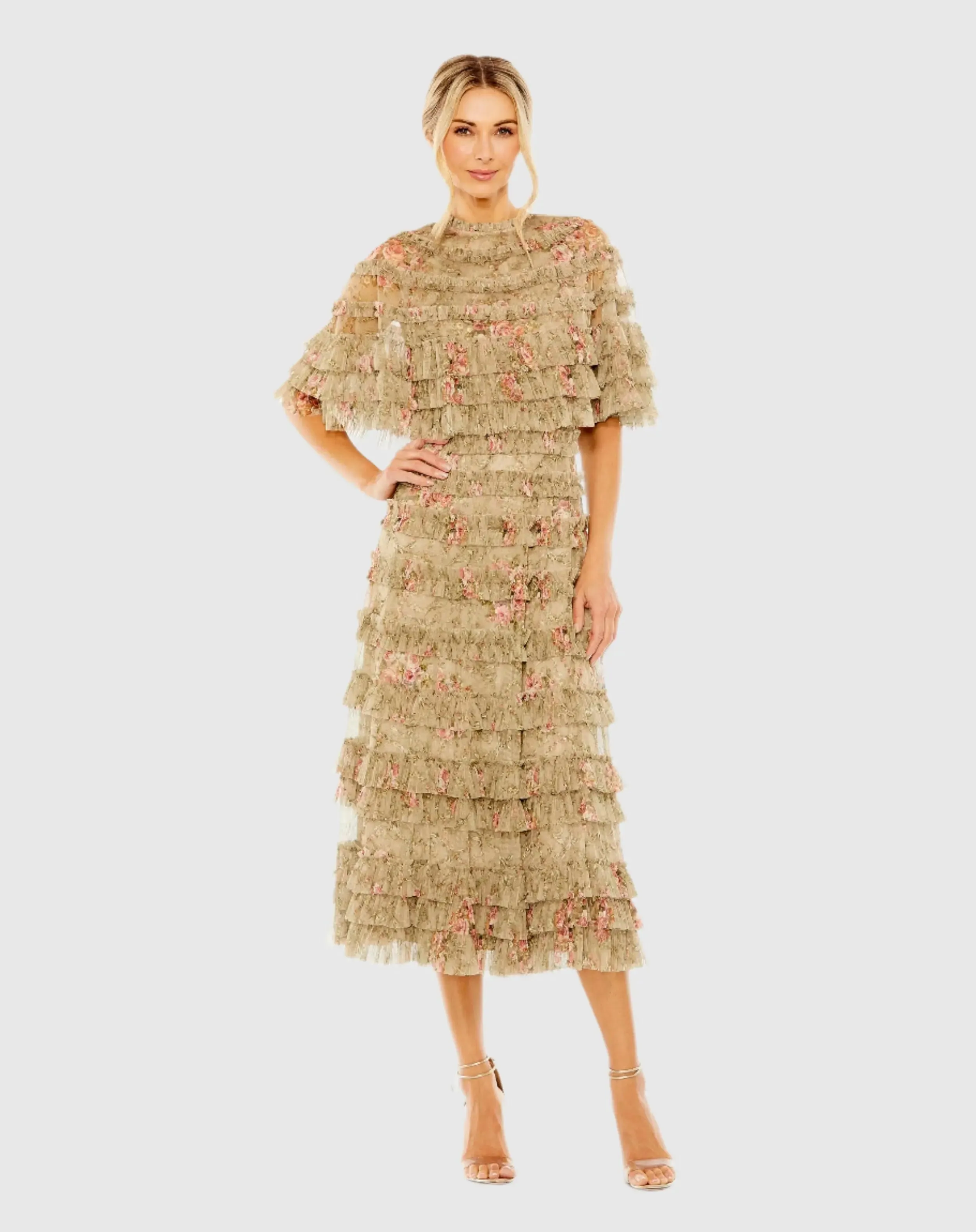 Green Floral Ruffle Midi Dress With Cape sold by Mac Duggal