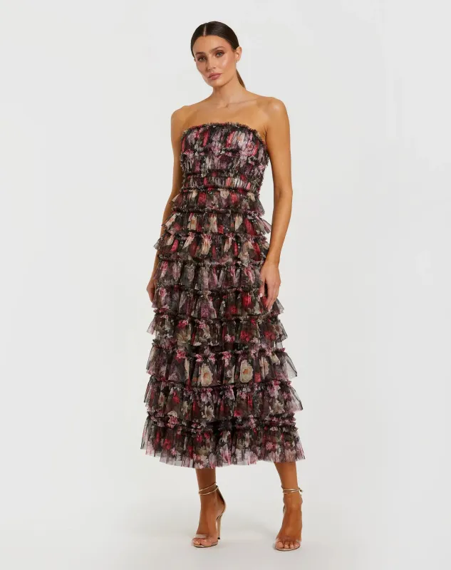 Black Multicolor Strapless Micro Ruffle A Line Midi Dress sold by Mac Duggal