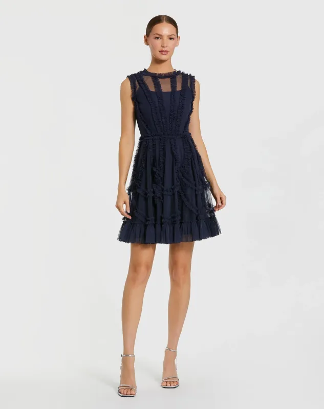 Navy High Neck Sleeveless Micro Ruffle Mini Dress sold by Mac Duggal