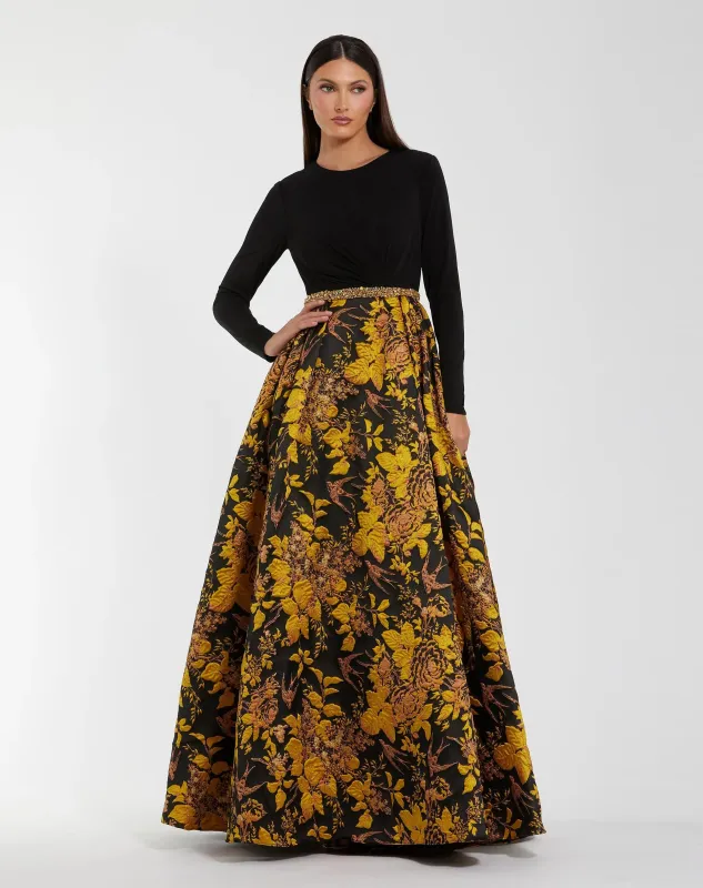 Black Long Sleeve Floral Brocade Ball Gown sold by Mac Duggal