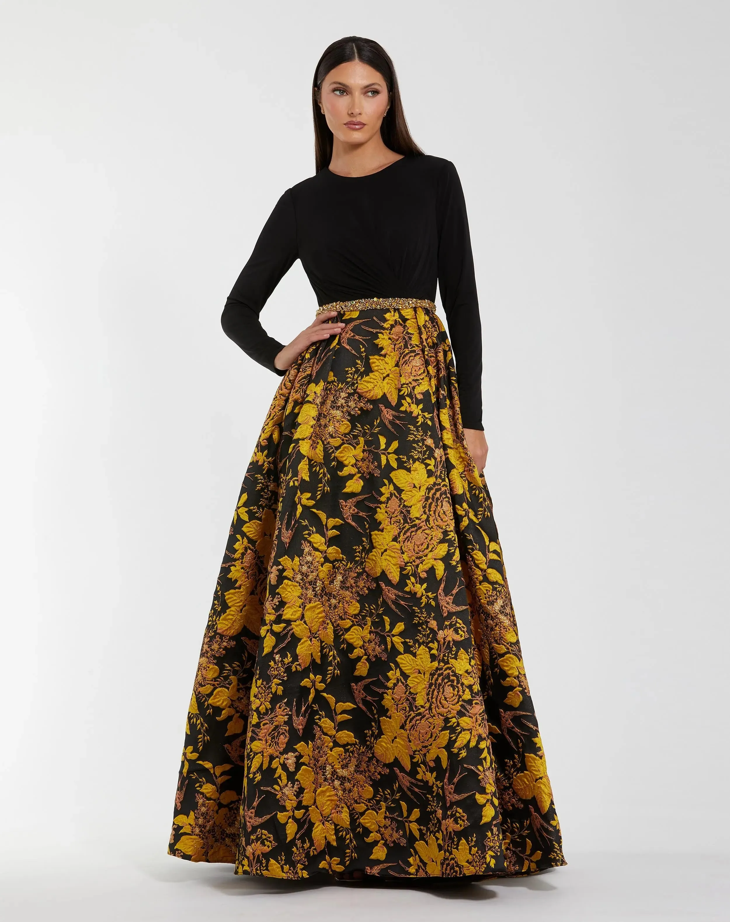 Black Long Sleeve Floral Brocade Ball Gown sold by Mac Duggal
