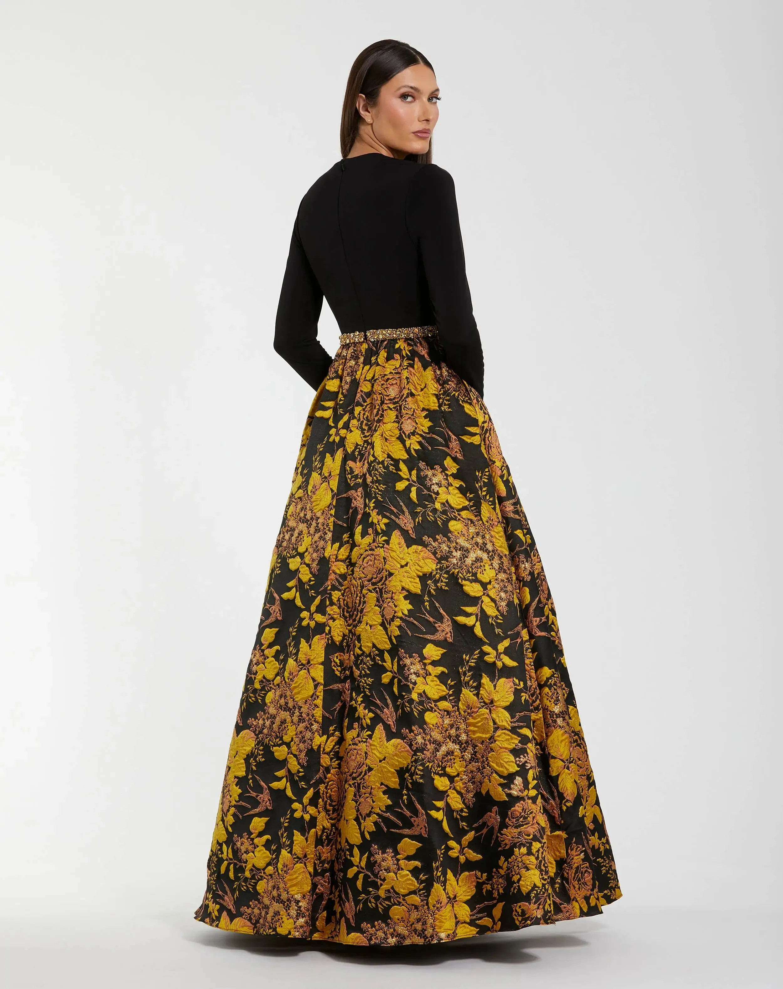 Black Long Sleeve Floral Brocade Ball Gown sold by Mac Duggal product image thumbnail 3