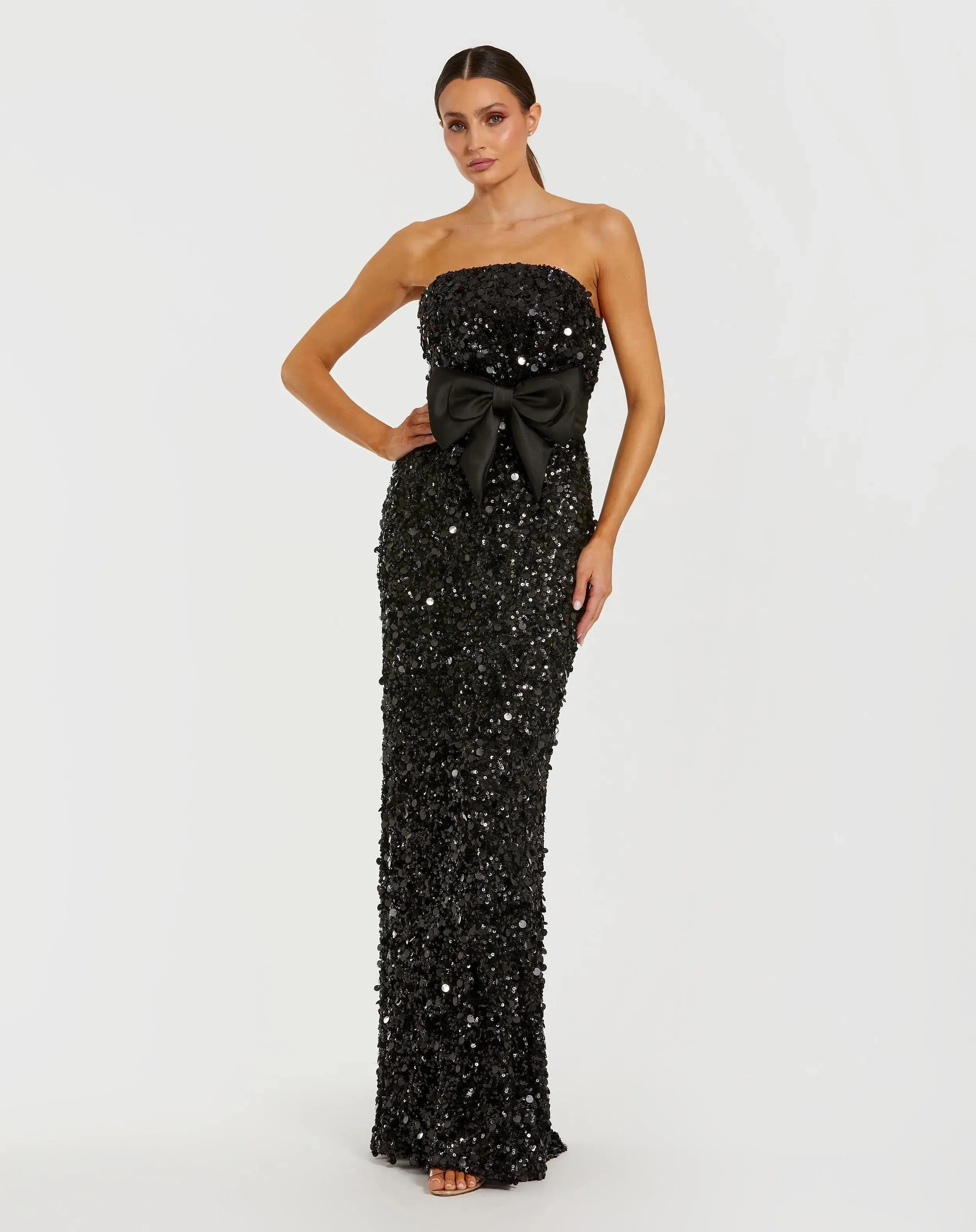 Black Strapless Sequin Evening Gown With Bow sold by Mac Duggal