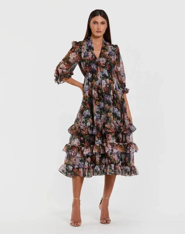 Black Floral Chiffon Ruffle Midi Dress with 3/4 Sleeves sold by Mac Duggal