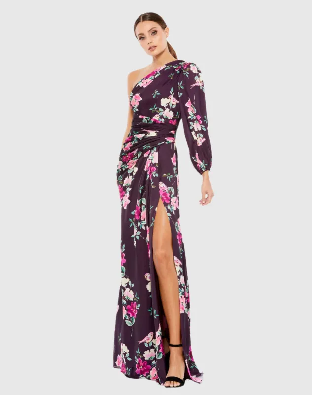One Sleeve Floral Print Charmeuse Gown With Slit sold by Mac Duggal