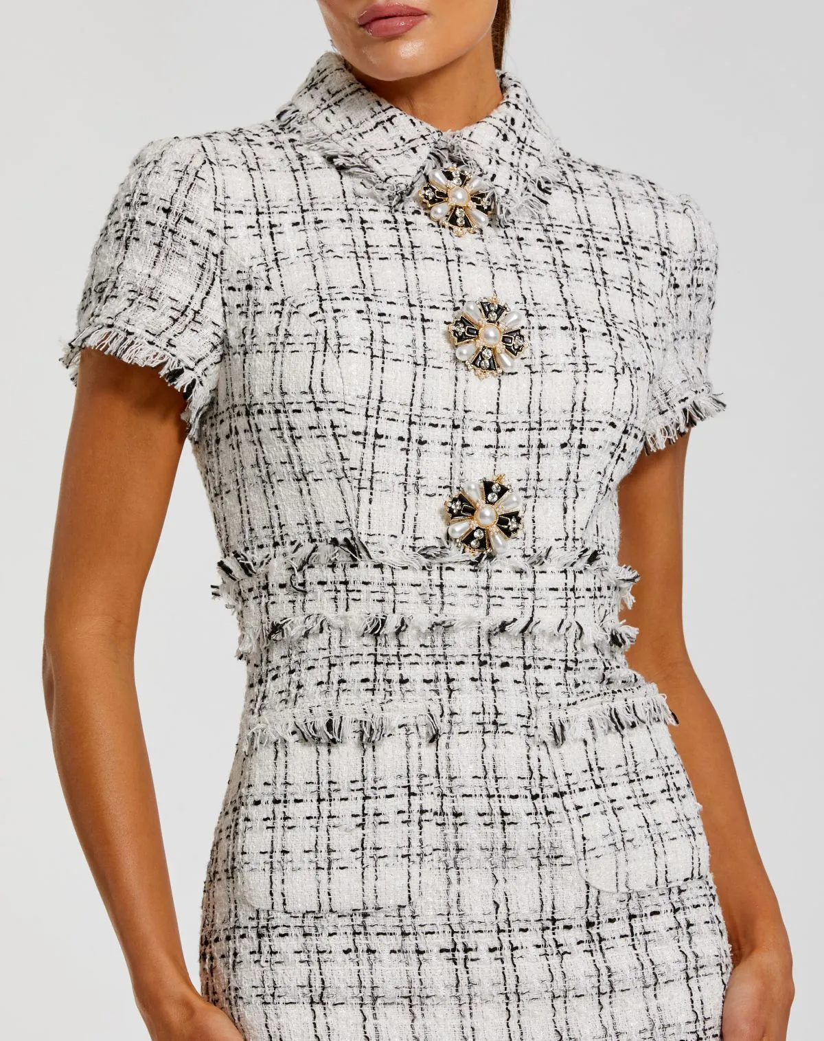 White Fitted Boucle Short Sleeve Button Up Midi Dress sold by Mac Duggal product image thumbnail 2