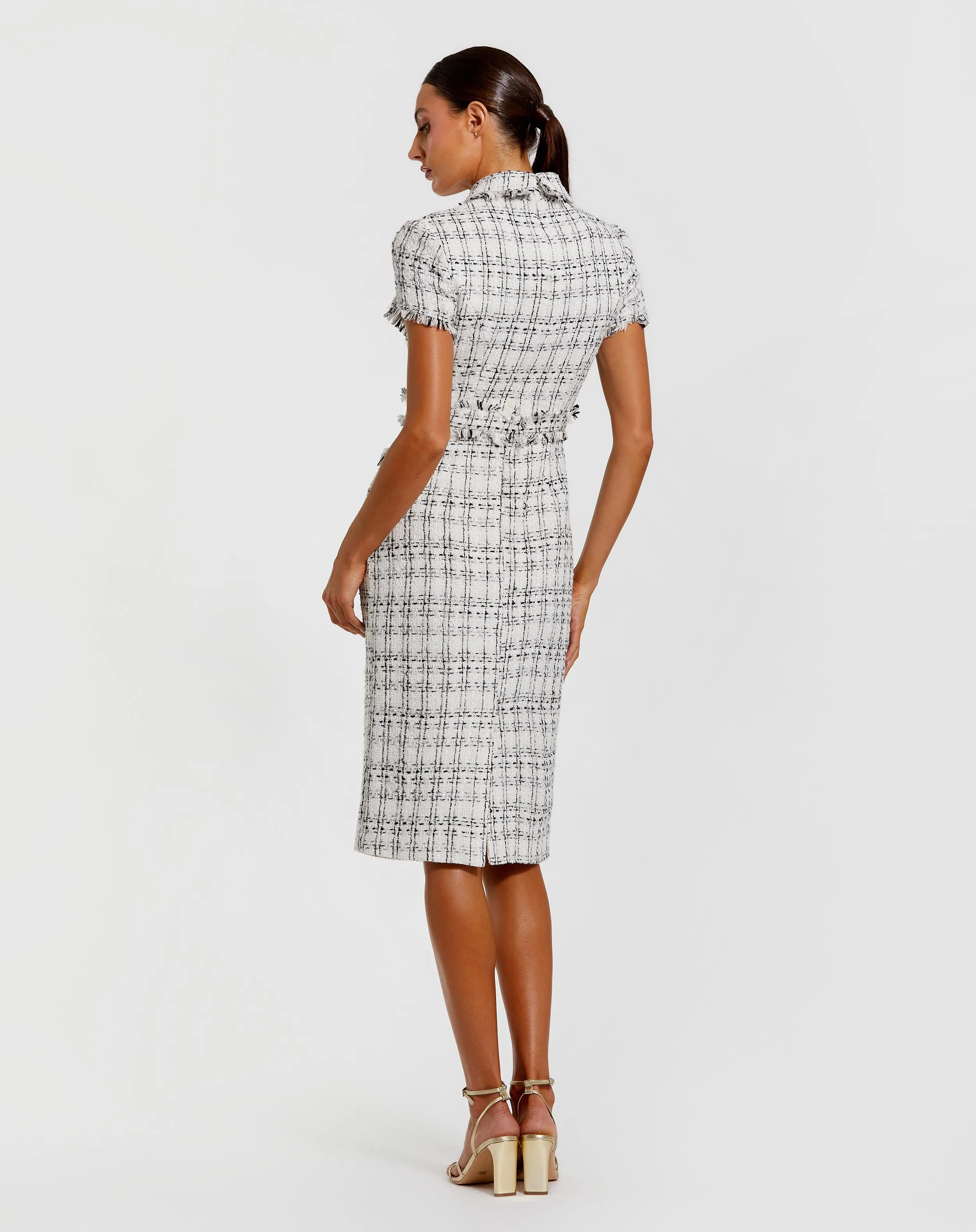 White Fitted Boucle Short Sleeve Button Up Midi Dress sold by Mac Duggal product image thumbnail 3