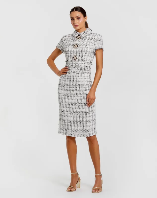 White Fitted Boucle Short Sleeve Button Up Midi Dress made by Mac Duggal