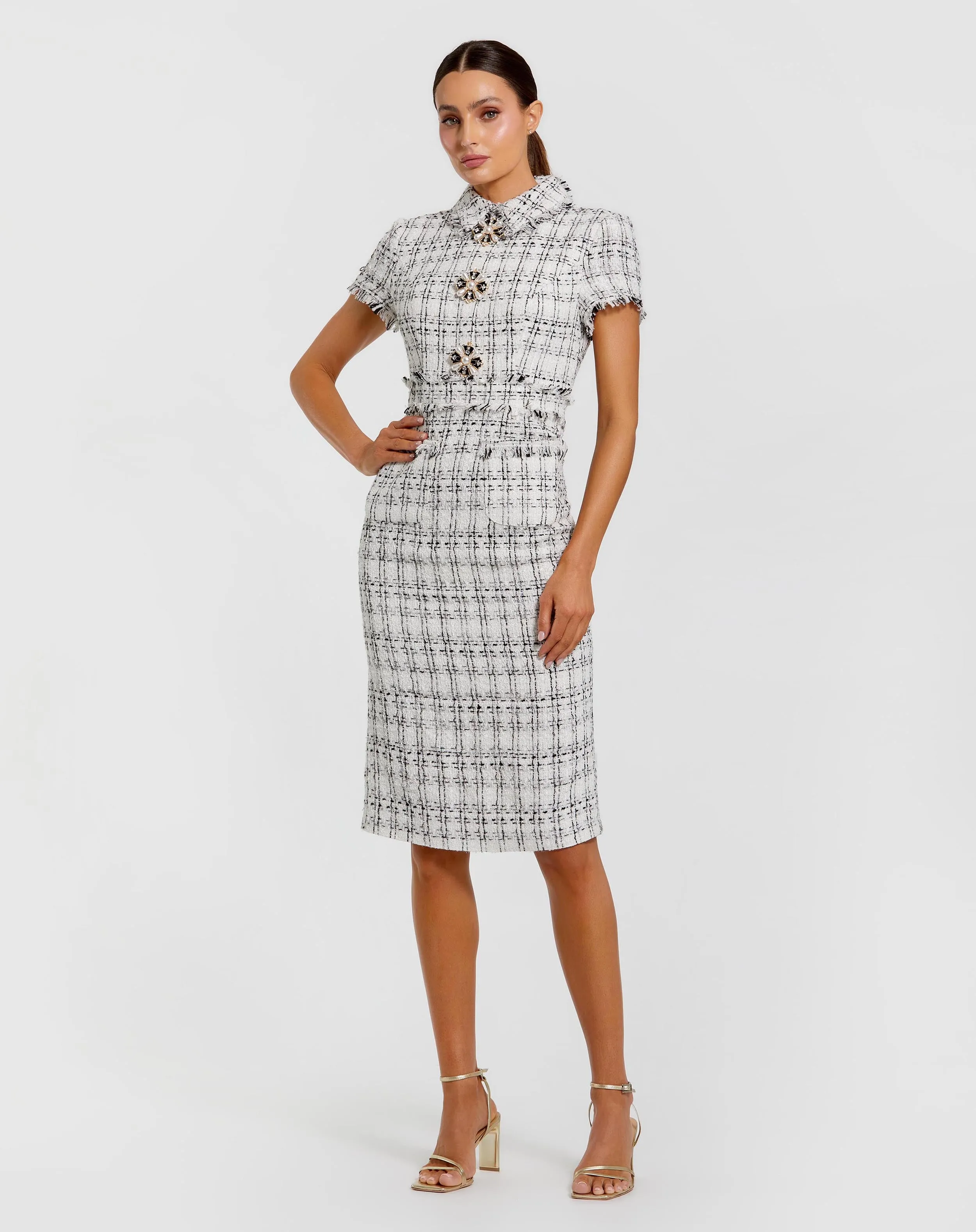 White Fitted Boucle Short Sleeve Button Up Midi Dress sold by Mac Duggal