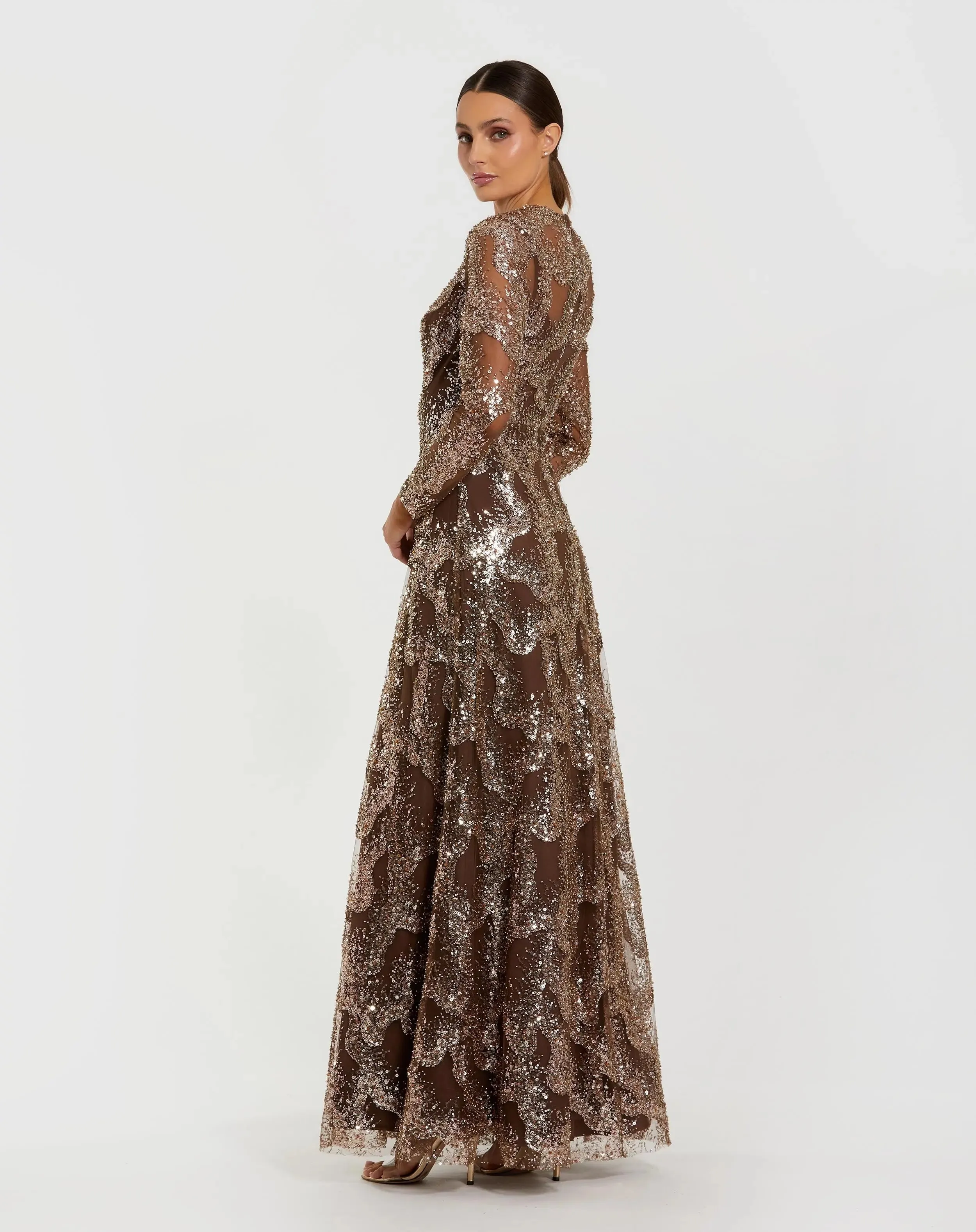 Brown Embellished Long Sleeve High Neck Evening Gown sold by Mac Duggal product image thumbnail 3