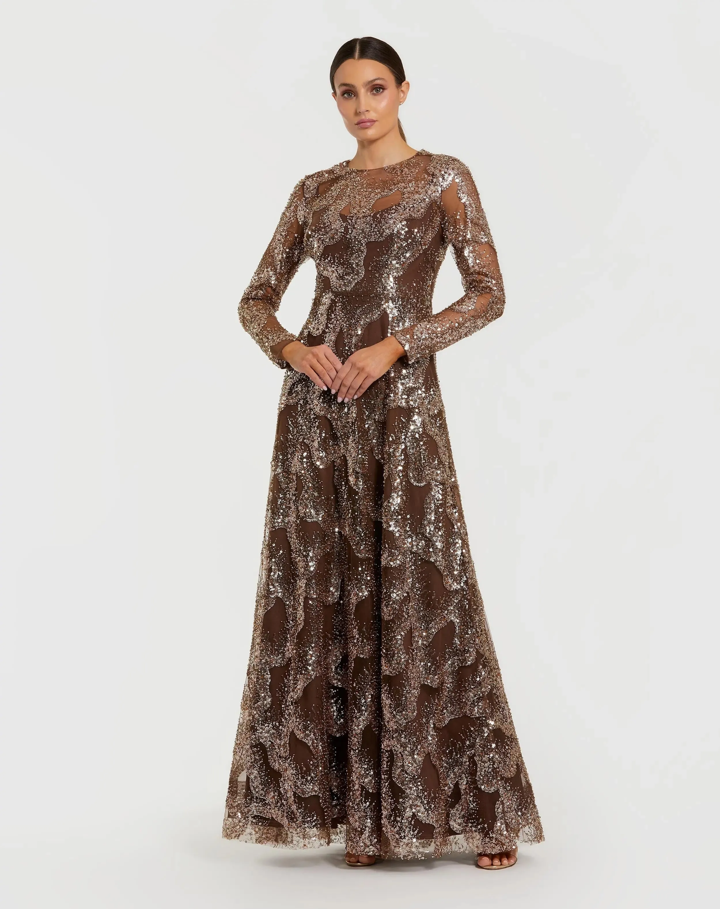 Brown Embellished Long Sleeve High Neck Evening Gown sold by Mac Duggal
