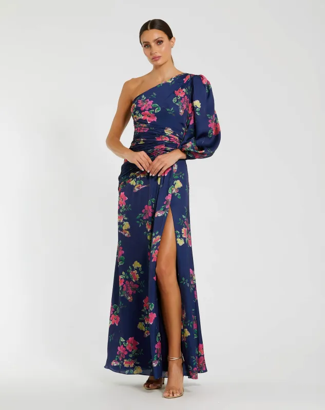 Navy One Sleeve Floral Print Charmeuse Gown With Slit sold by Mac Duggal
