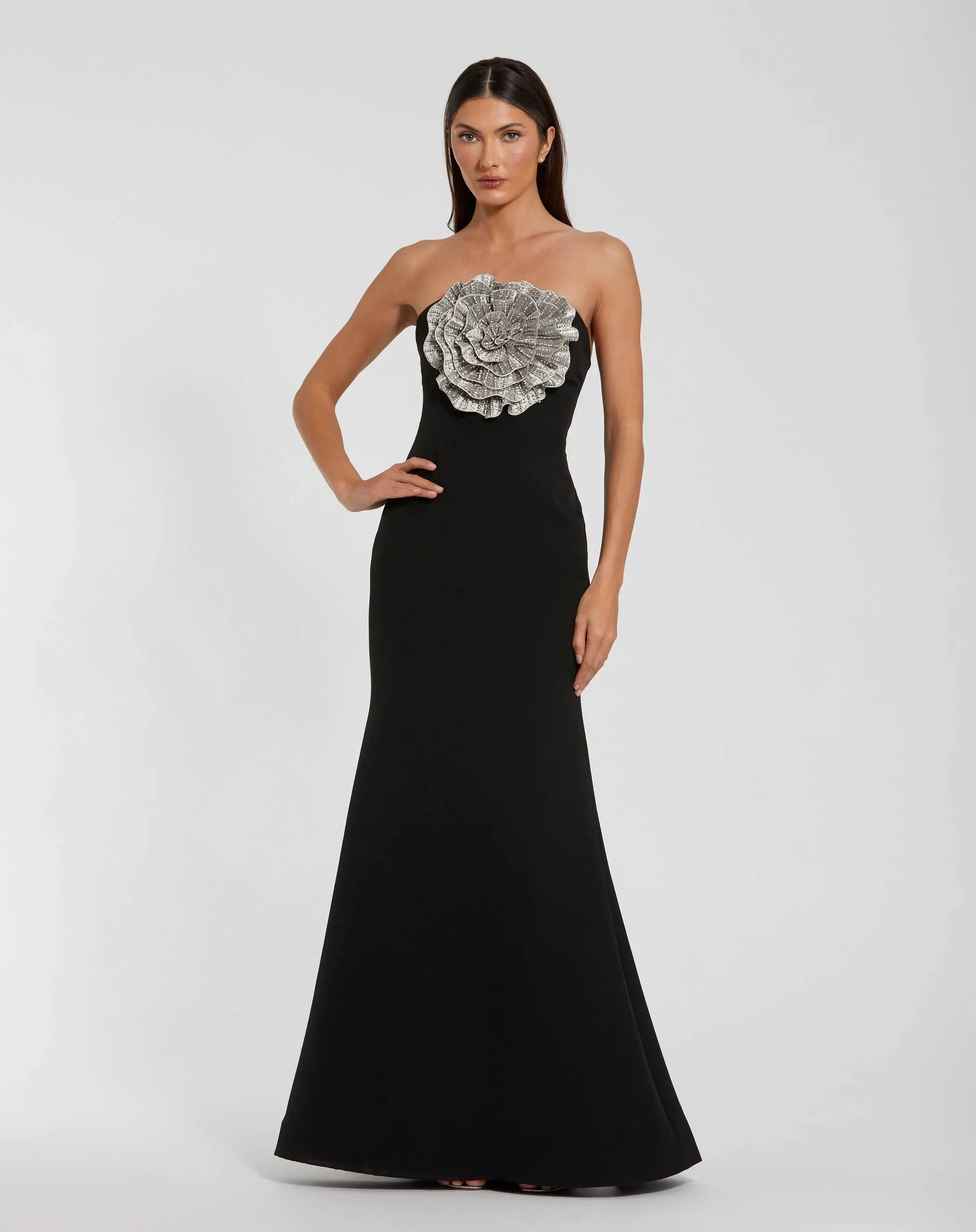 Strapless Crepe Trumpet Gown with 3D Rhinestone Flower sold by Mac Duggal