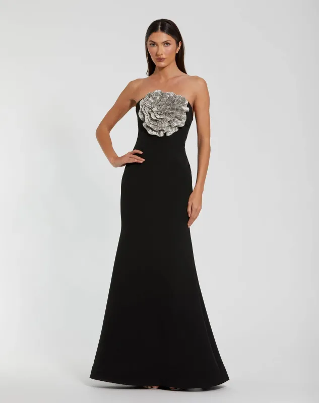 Black Strapless Crepe Trumpet Gown with 3D Rhinestone Flower sold by Mac Duggal