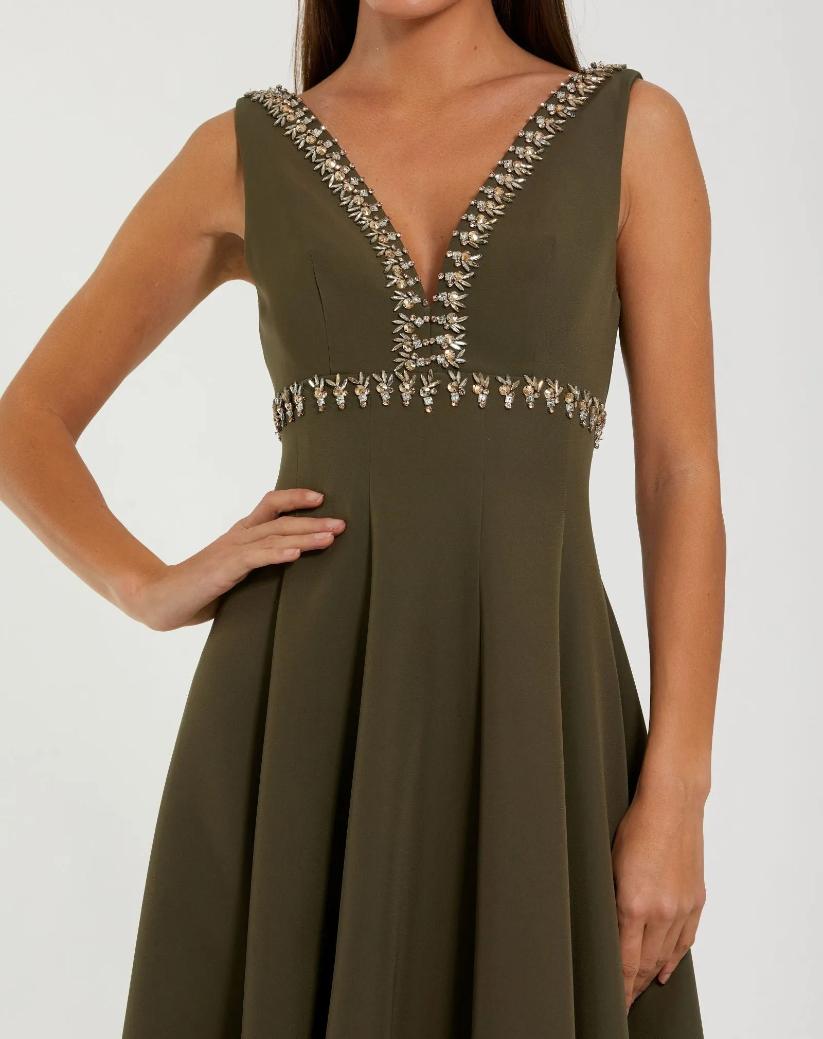 Green Rhinestone Embellished Crepe A Line Midi Dress sold by Mac Duggal product image thumbnail 2