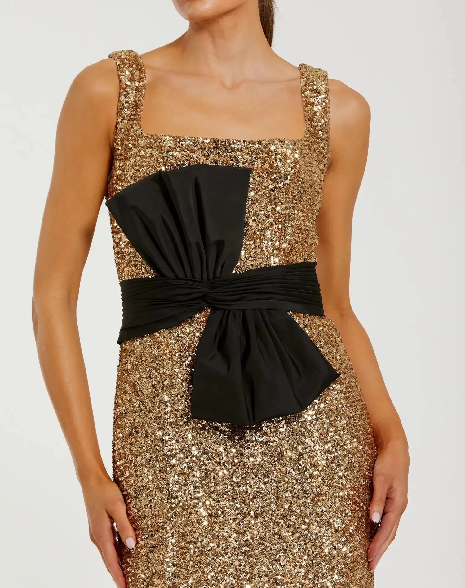 Gold Sequin Square Neck Column Gown With Faille Bow sold by Mac Duggal product image thumbnail 2