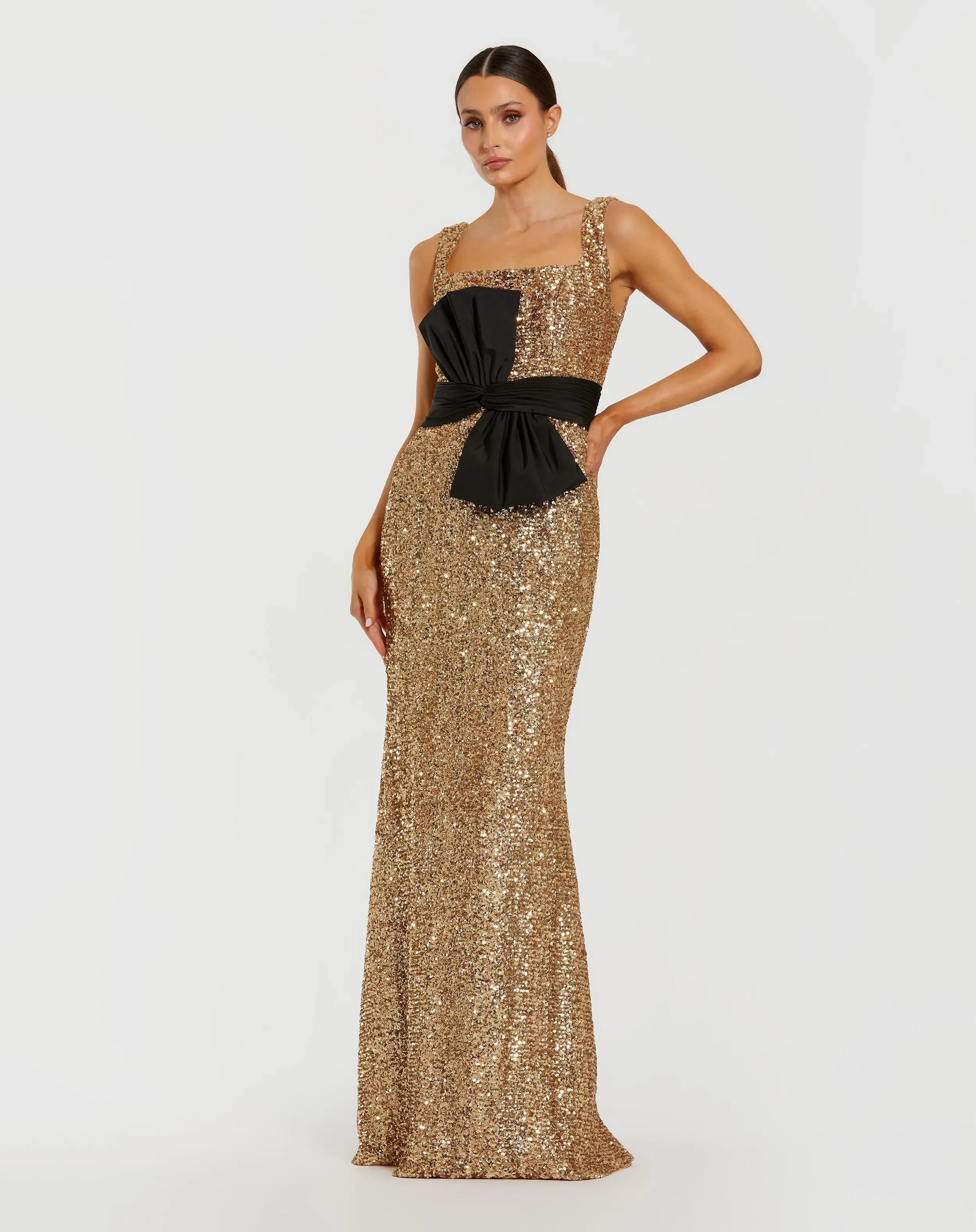 Gold Sequin Square Neck Column Gown With Faille Bow sold by Mac Duggal