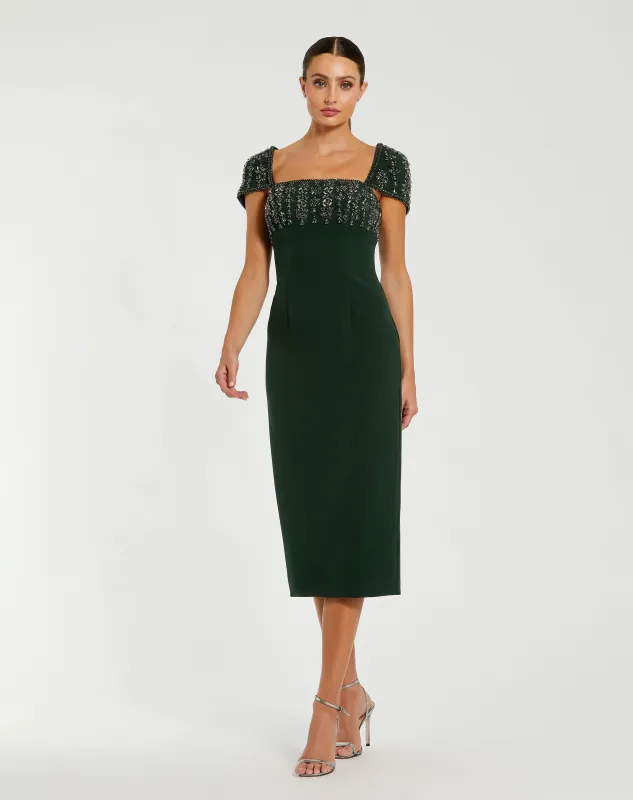 Green Embellished Cap Sleeve Crepe Midi Dress sold by Mac Duggal