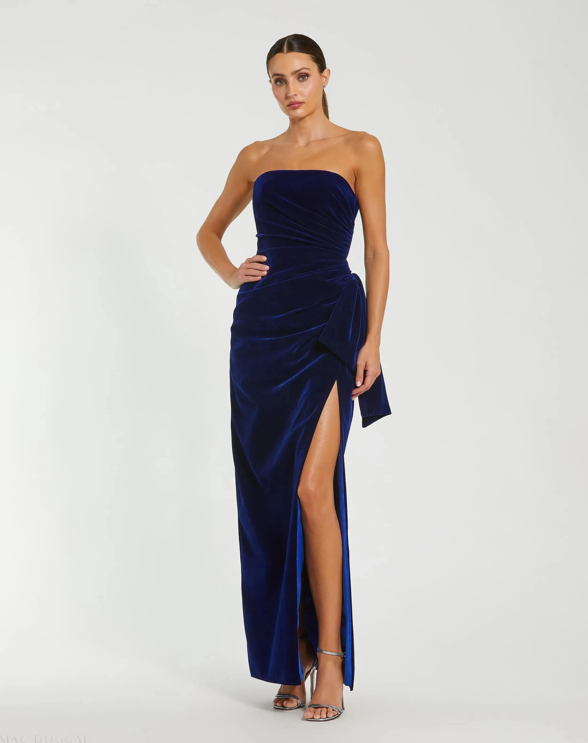 Strapless High Slit Draped Velvet Gown sold by Mac Duggal