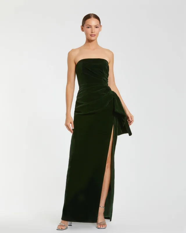 Green Strapless High Slit Draped Velvet Gown sold by Mac Duggal