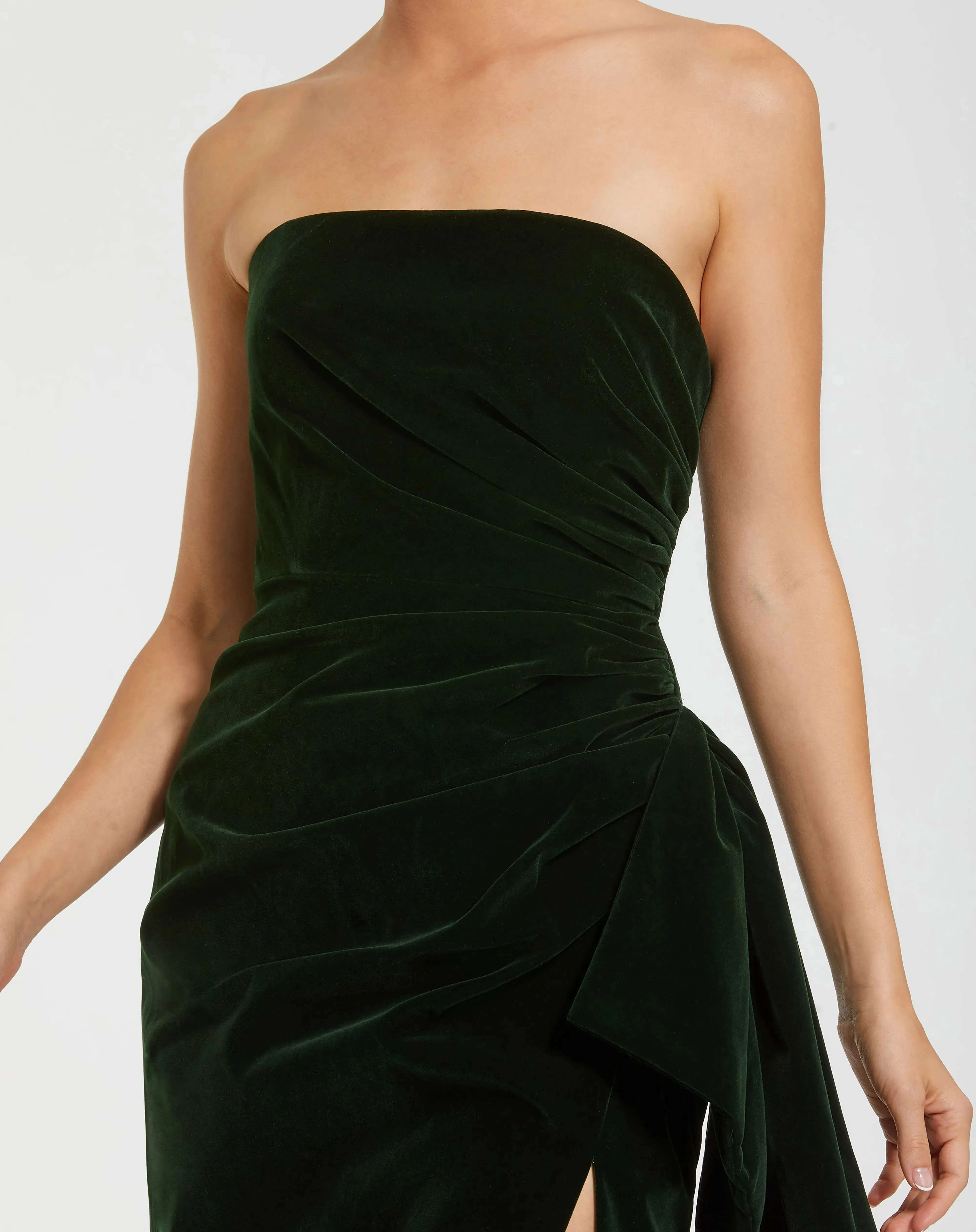 Green Strapless High Slit Draped Velvet Gown sold by Mac Duggal product image thumbnail 2