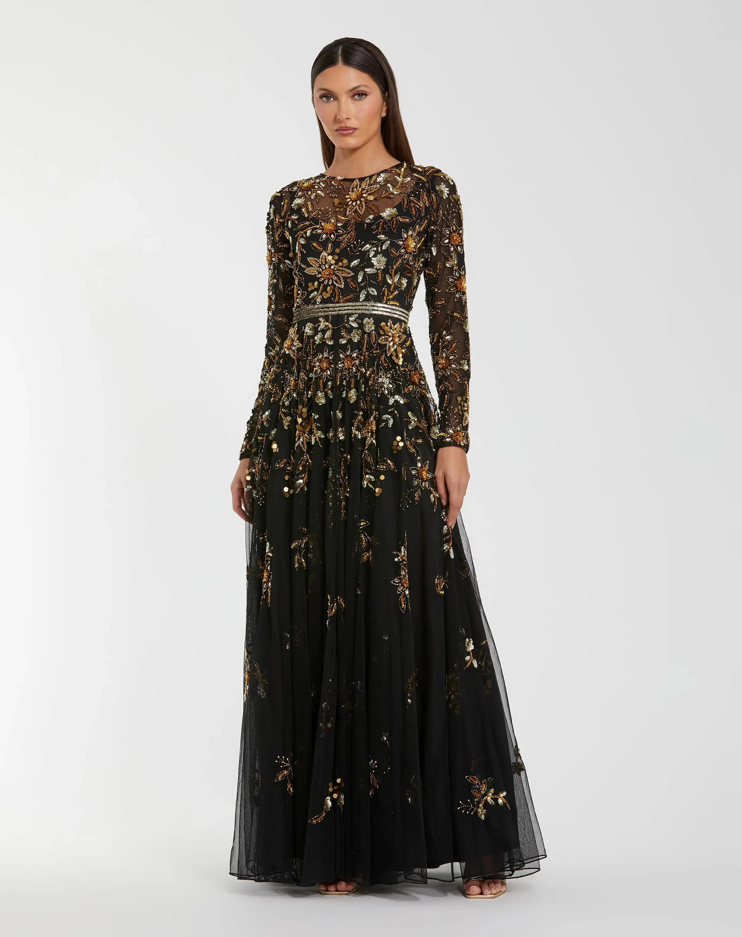 Black Hand Embellished Long Sleeve A Line Gown sold by Mac Duggal