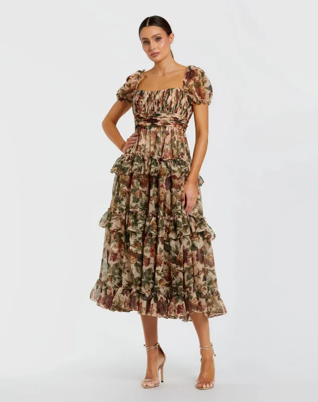 Beige Chiffon Ruffle A Line Midi Dress with Puff Sleeves sold by Mac Duggal