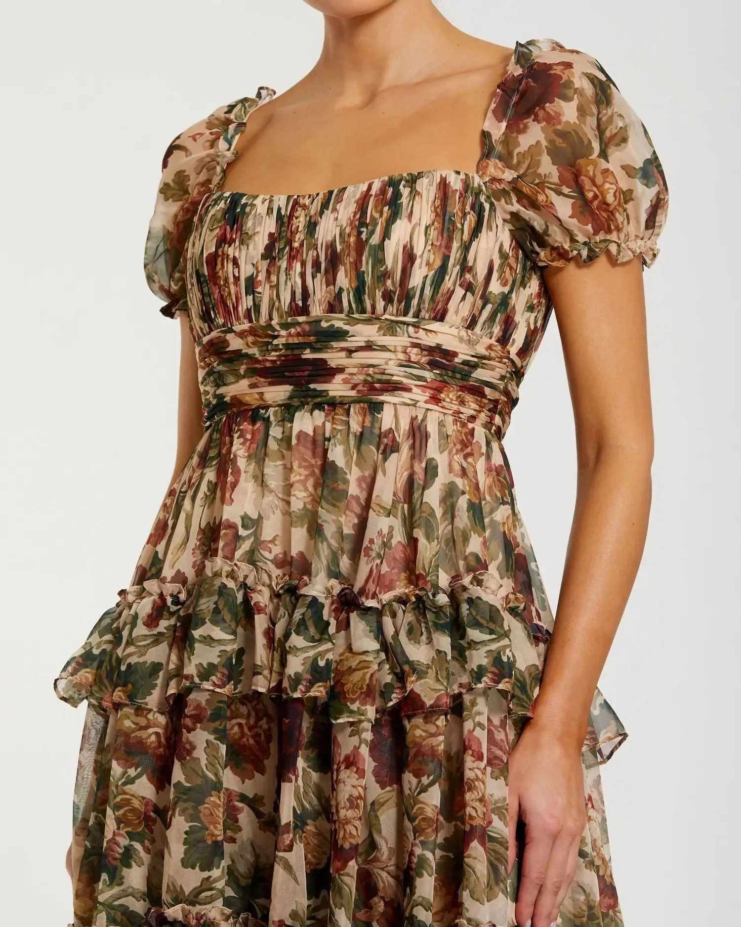 Beige Chiffon Ruffle A Line Midi Dress with Puff Sleeves sold by Mac Duggal product image thumbnail 2