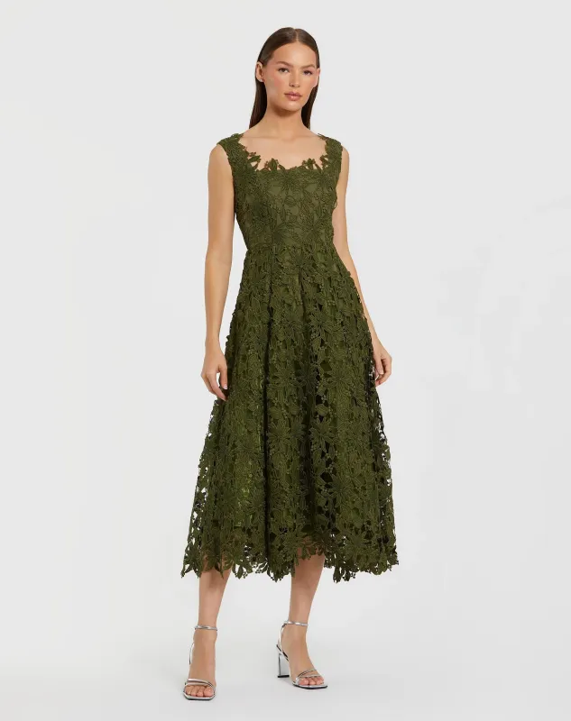 Green Sleeveless Embroidered Lace A Line Midi Dress sold by Mac Duggal