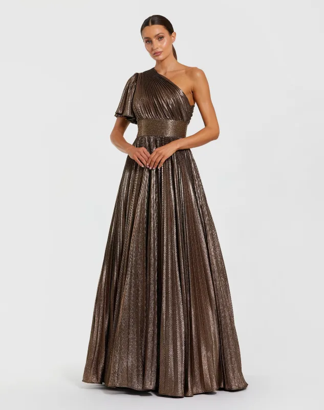 Brown One Shoulder Pleated Metallic Ball Gown sold by Mac Duggal