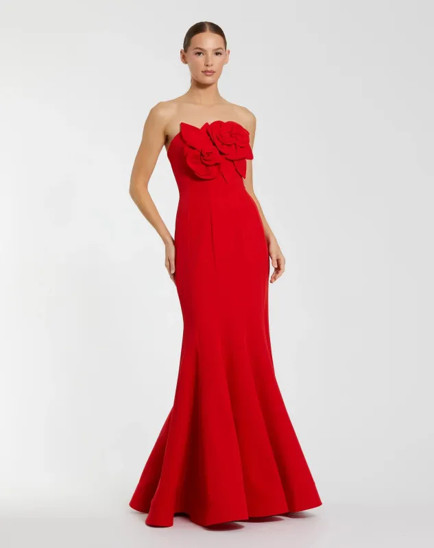 Red Strapless Mermaid Gown With 3D Flowers sold by Mac Duggal