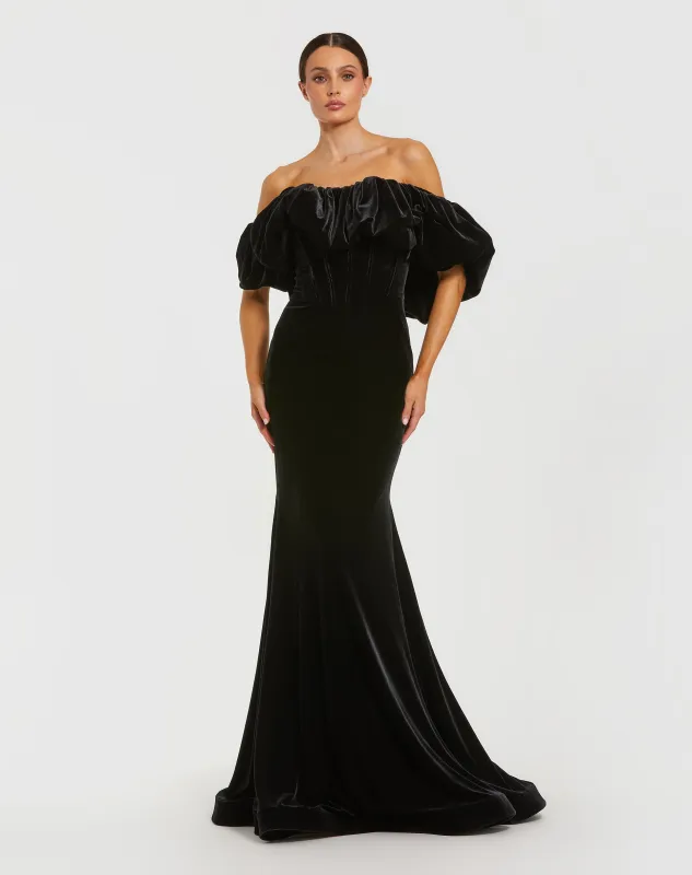 Black Off The Shoulder Velvet Bustier Mermaid Gown sold by Mac Duggal