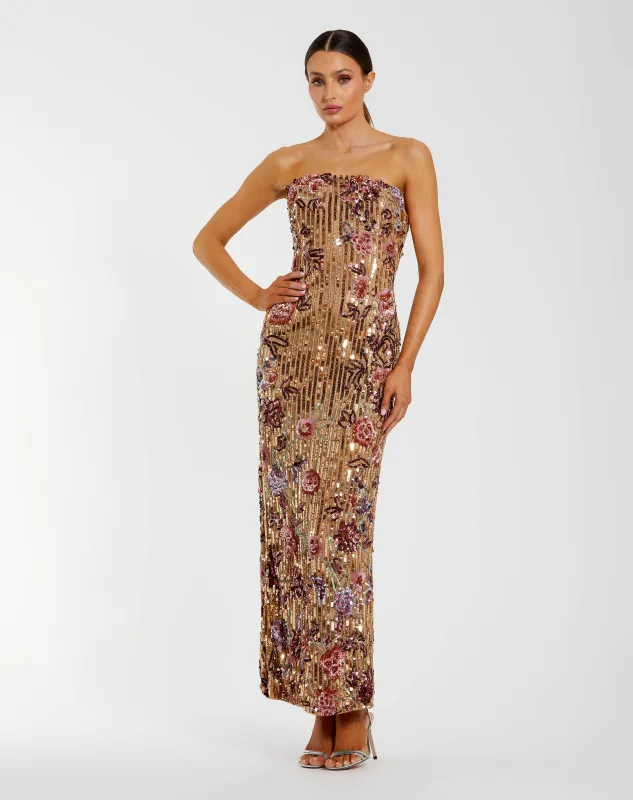 Gold Floral Embellished Strapless Column Dress sold by Mac Duggal