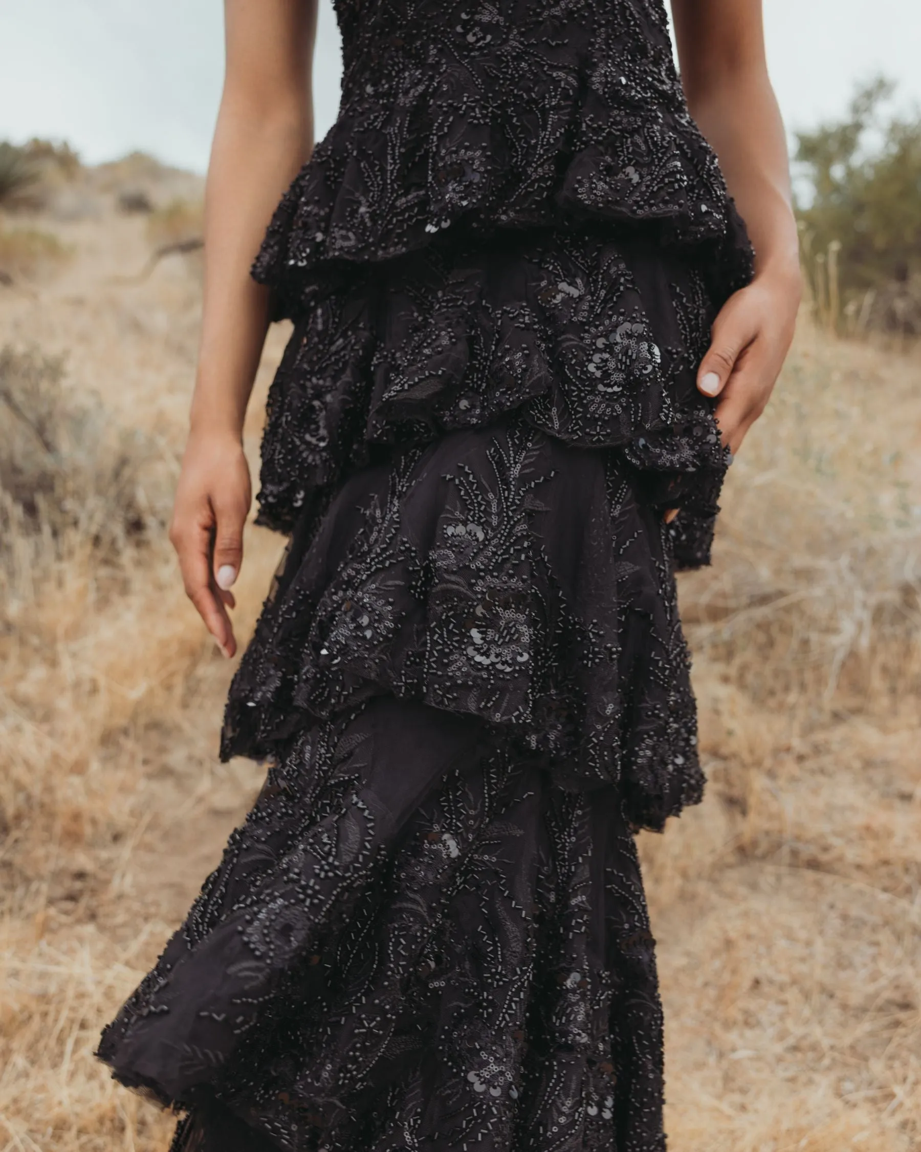 Black Short Sleeve Tiered Evening Gown with Embellishments sold by Mac Duggal product image thumbnail 5