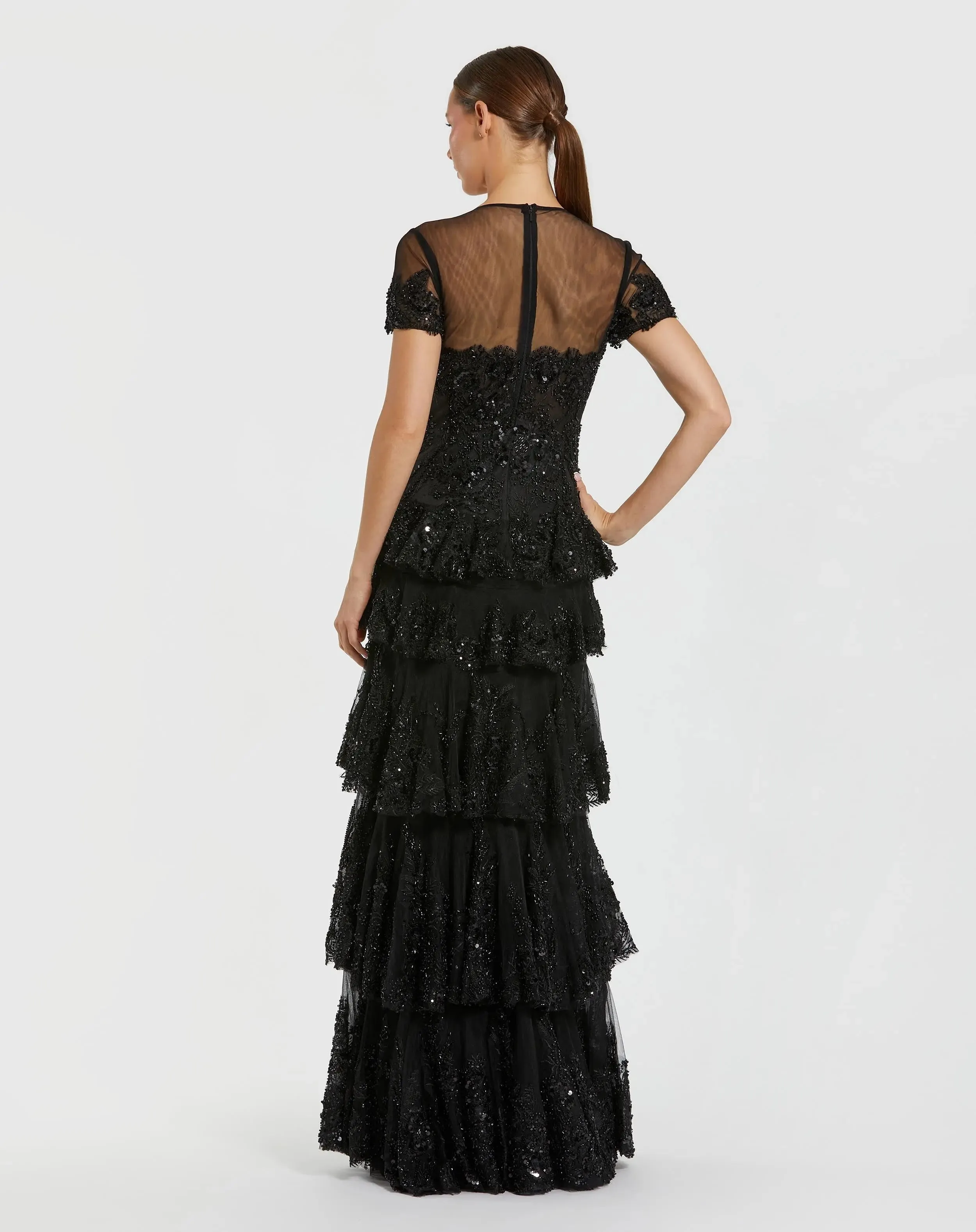 Black Short Sleeve Tiered Evening Gown with Embellishments sold by Mac Duggal product image thumbnail 3