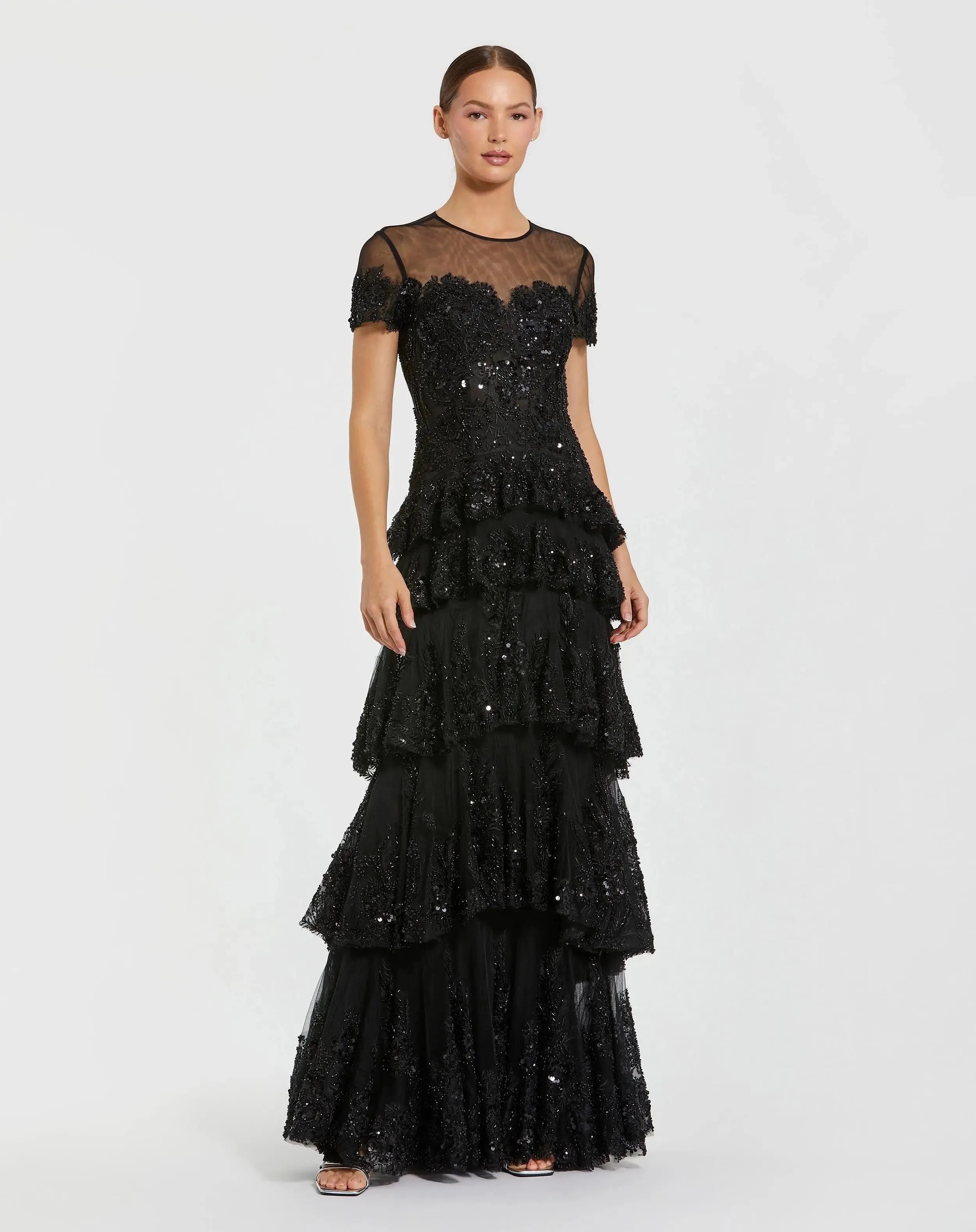Black Short Sleeve Tiered Evening Gown with Embellishments sold by Mac Duggal
