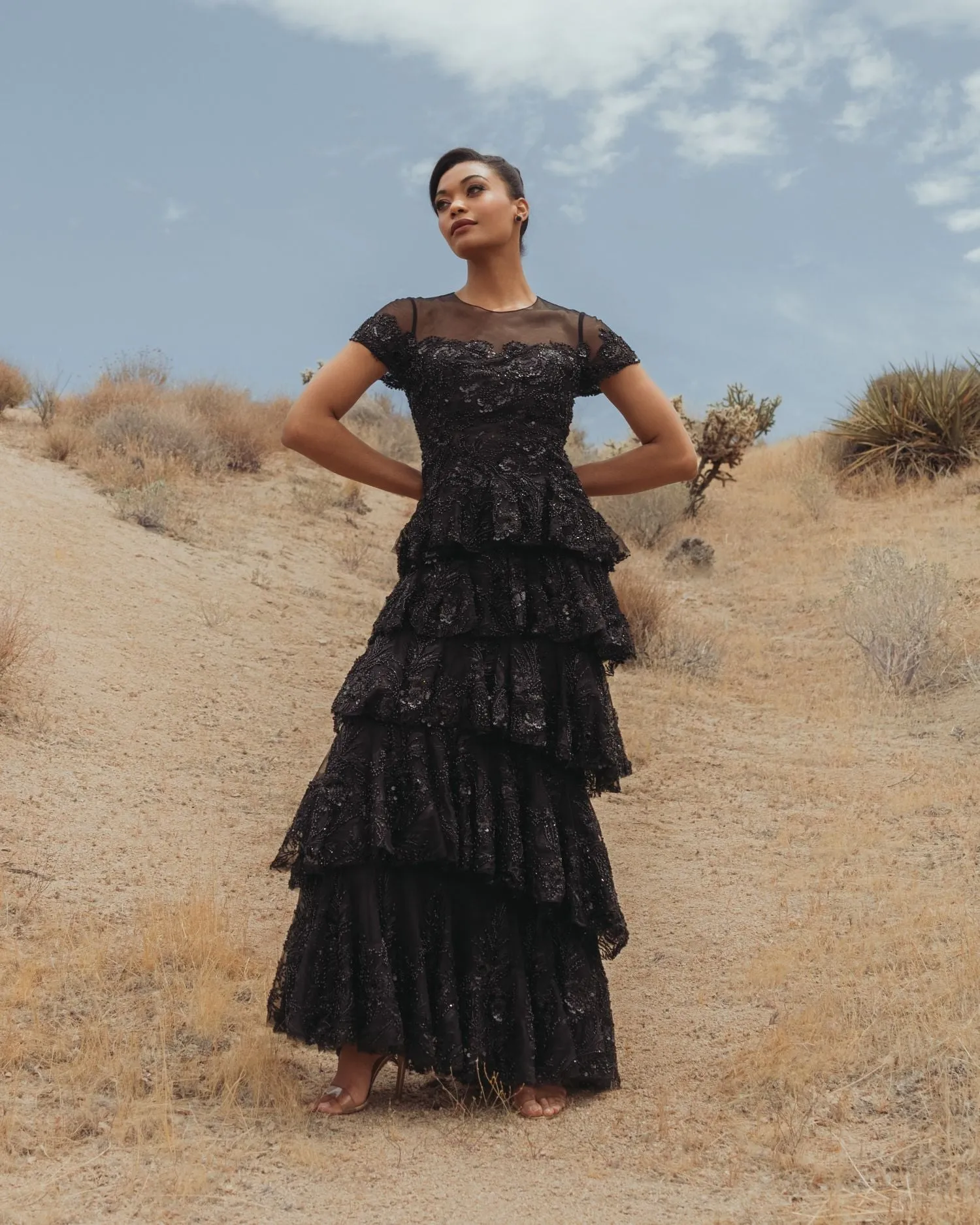 Black Short Sleeve Tiered Evening Gown with Embellishments sold by Mac Duggal product image thumbnail 4