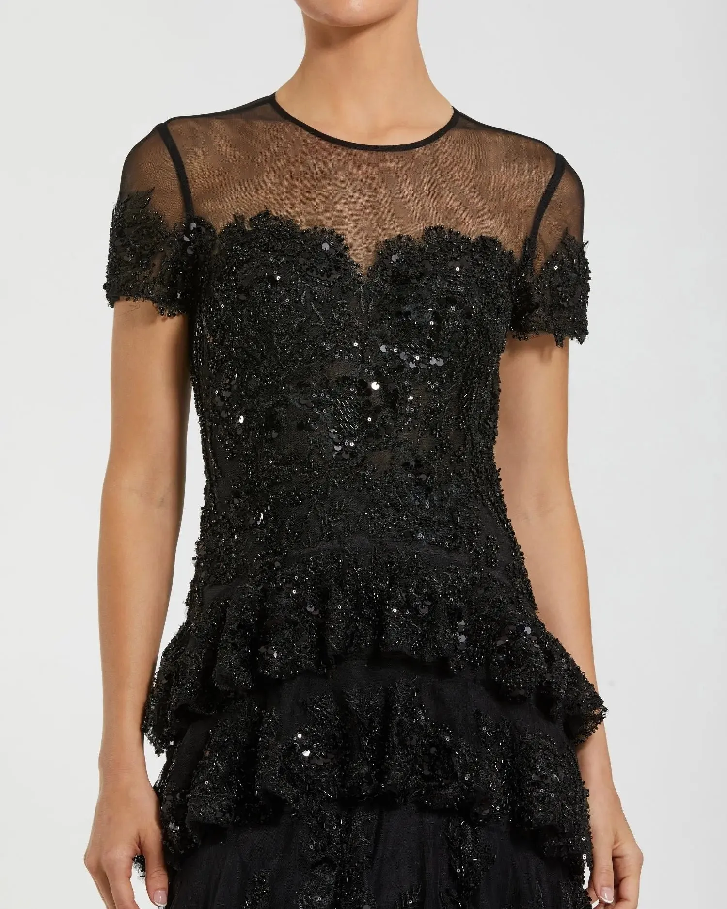 Black Short Sleeve Tiered Evening Gown with Embellishments sold by Mac Duggal product image thumbnail 2