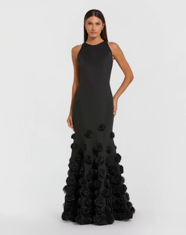Black Sleeveless Crepe Mermaid Gown with 3D Floral Hem sold by Mac Duggal