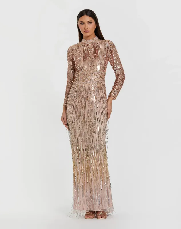 Pink Long Sleeve Fringe Embellished Column Gown sold by Mac Duggal