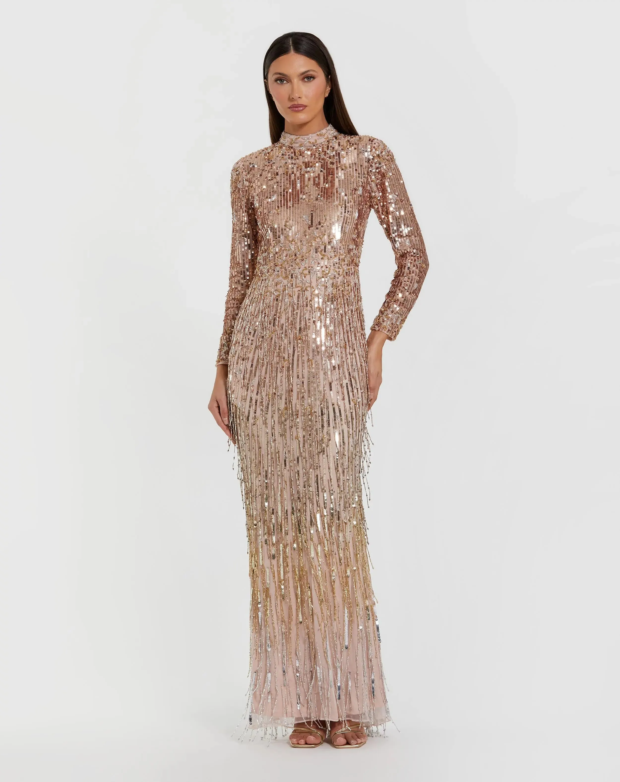 Pink Long Sleeve Fringe Embellished Column Gown sold by Mac Duggal