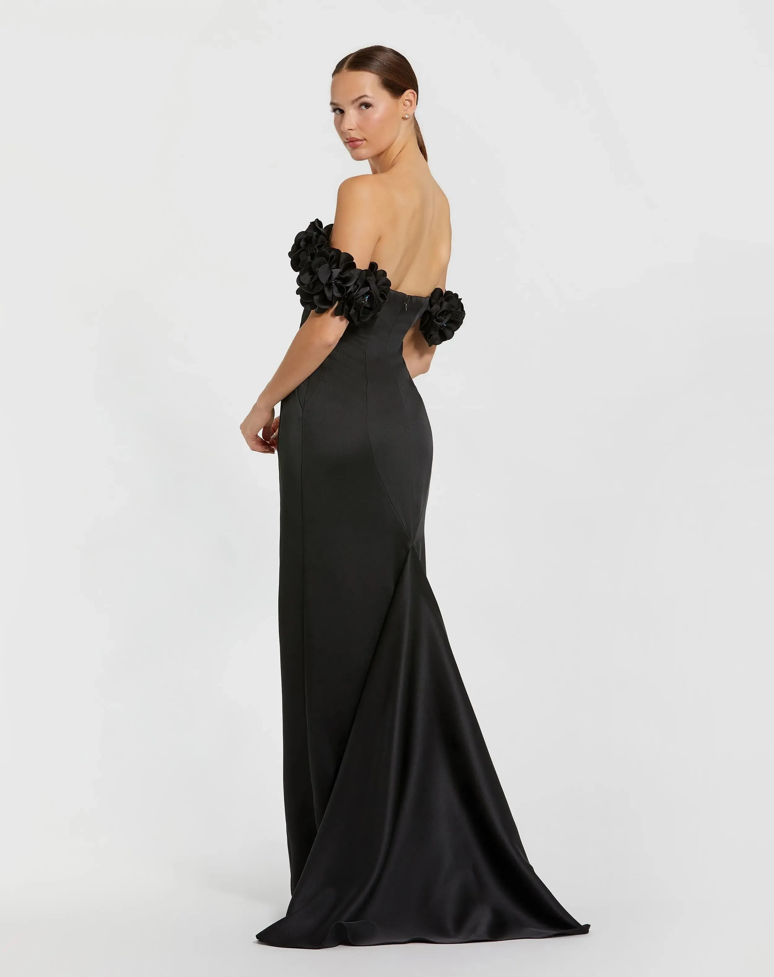 Black Satin 3D Flower Off The Shoulder Mermaid Gown sold by Mac Duggal product image thumbnail 3