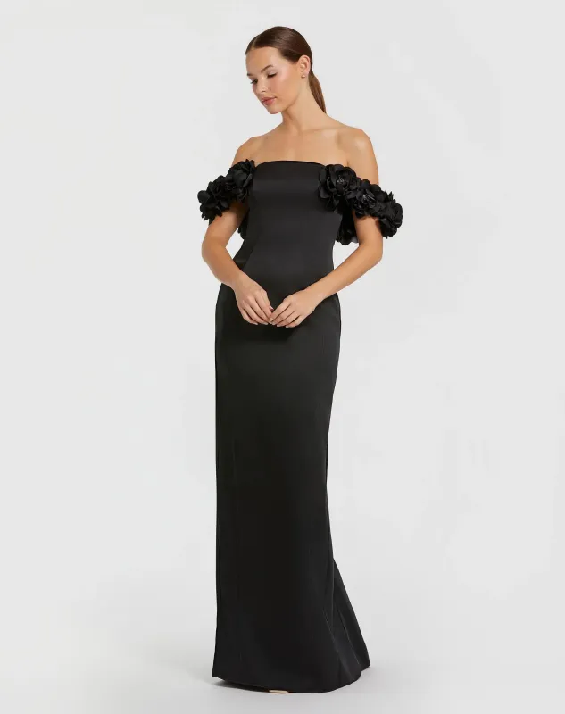 Black Satin 3D Flower Off The Shoulder Mermaid Gown sold by Mac Duggal