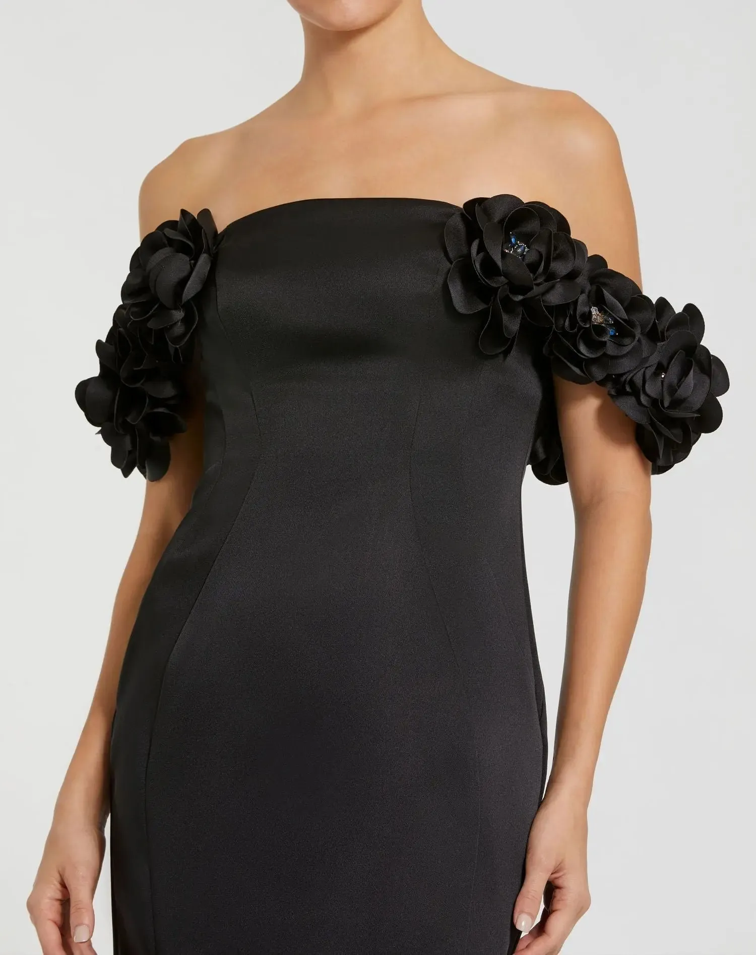 Black Satin 3D Flower Off The Shoulder Mermaid Gown sold by Mac Duggal product image thumbnail 2
