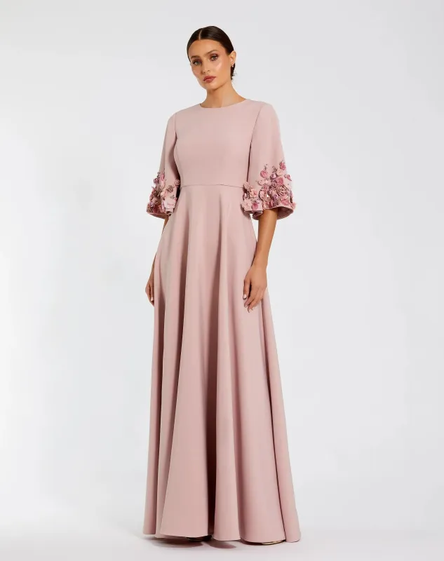 Crepe 3/4 Sleeve A-line Gown With Flower Trim sold by Mac Duggal