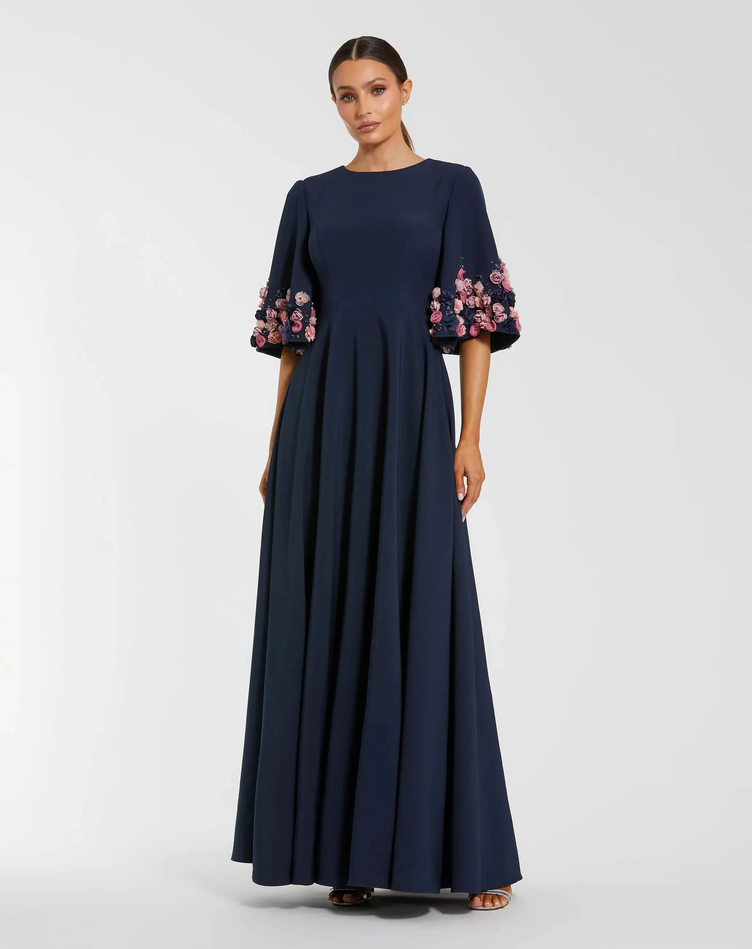 Navy Crepe 3/4 Sleeve A-line Gown With Flower Trim sold by Mac Duggal
